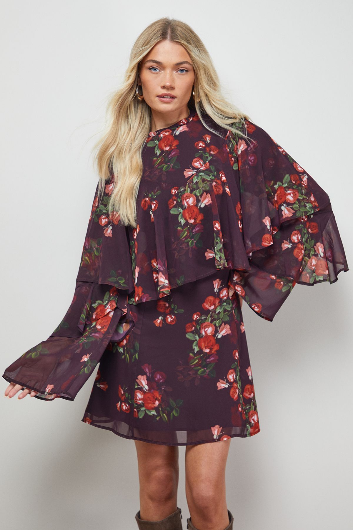 Oasis Ruffled Cape Sleeve Mini Dress Multi image 4