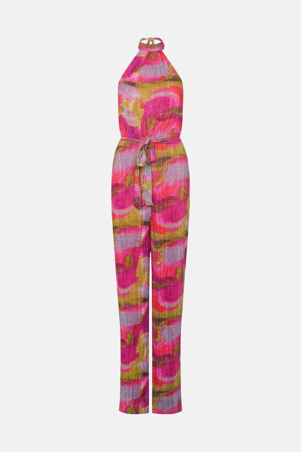 Warehouse Abstract Metallic Plisse Halter Jumpsuit Pink image 4