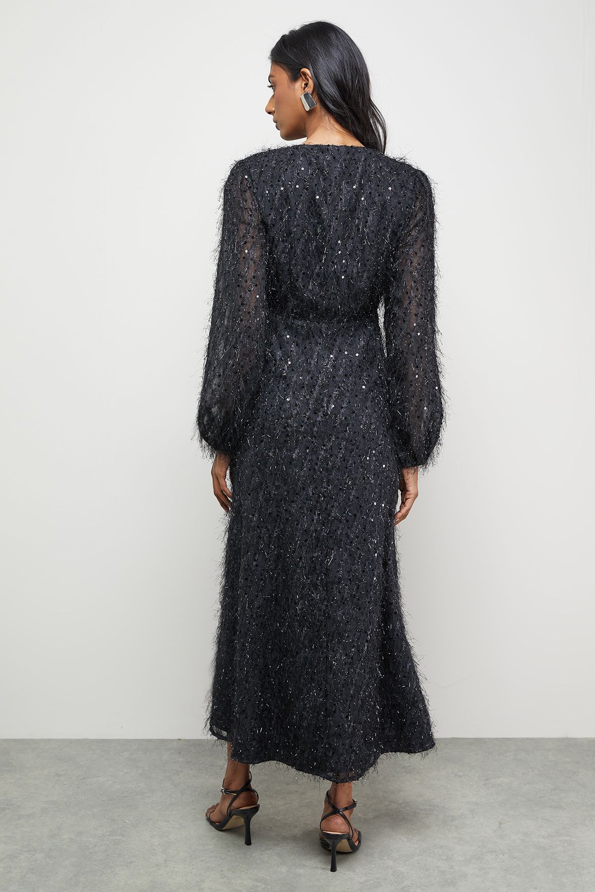 Warehouse Sequin Embellished Fluffy Plunge Neck Midi Dress Black image 3