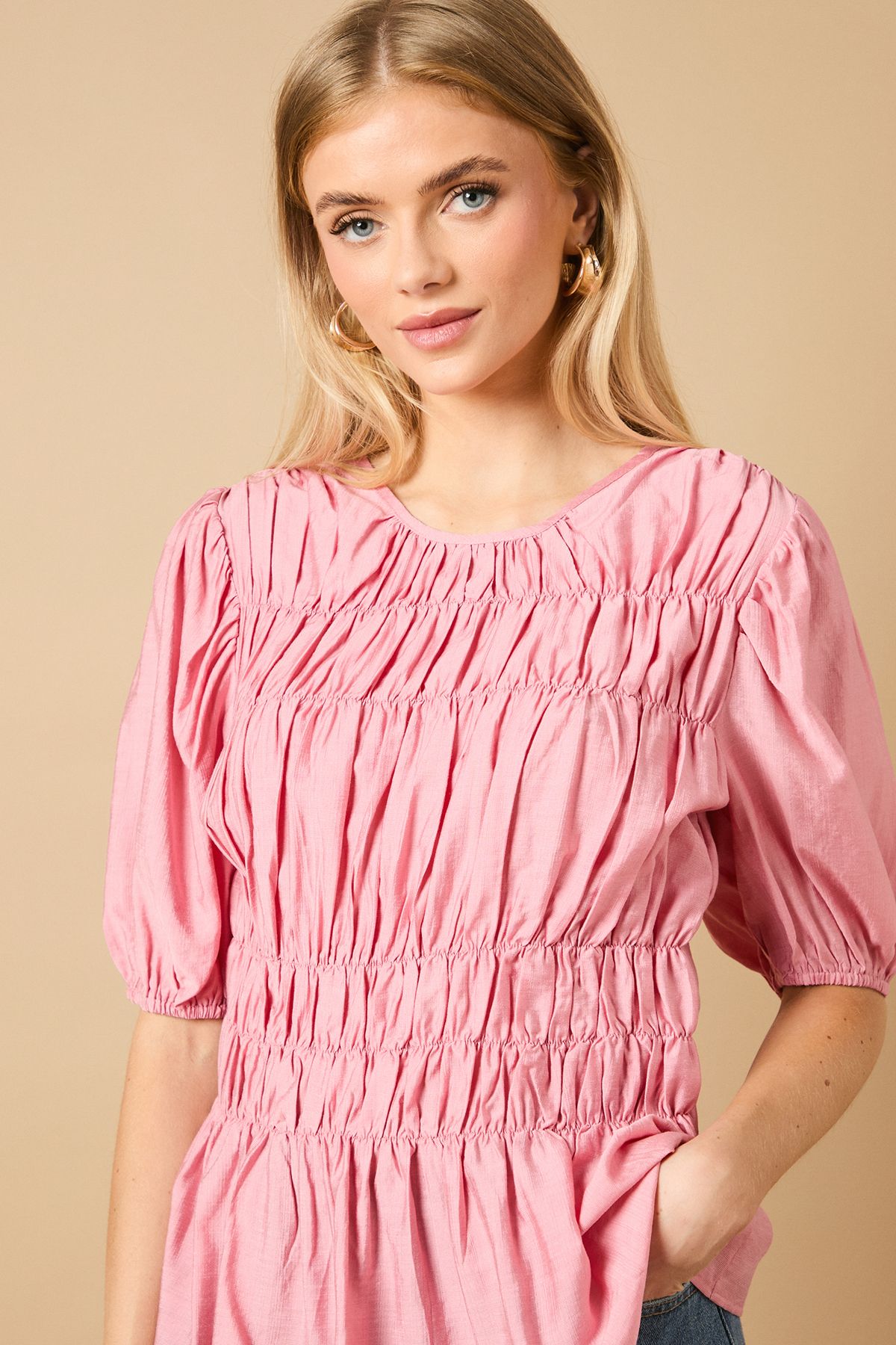 Oasis Shirred Bodice Puff Sleeve Top Pink image 3