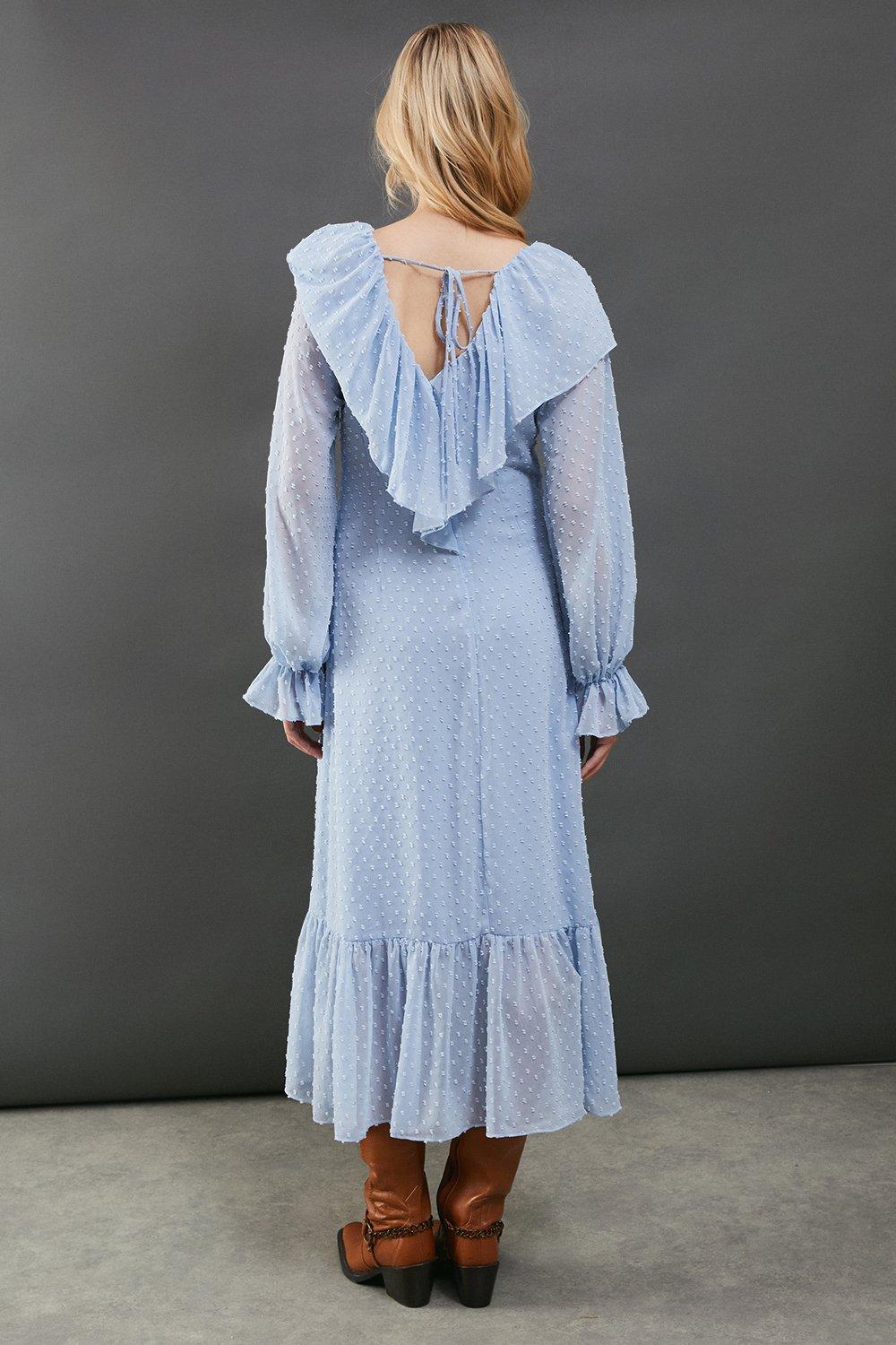 Warehouse Dobby Chiffon Ruffle High Low Hem Midi Dress Blue image 2