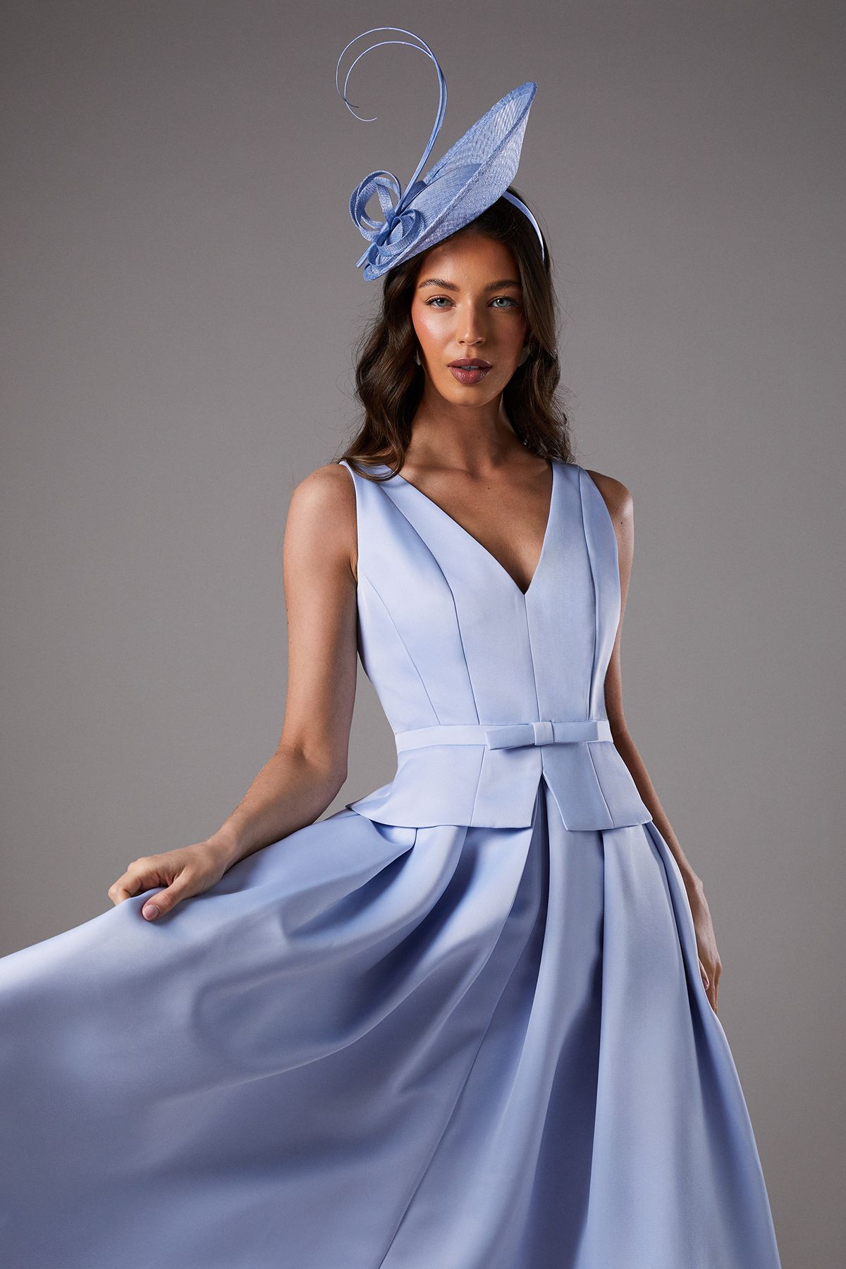 Coast Lisa Tan Structured Satin Pleated Peplum Midi Dress Blue image 2