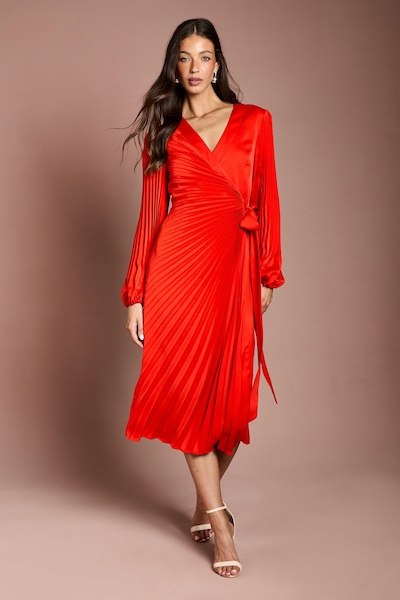 Coast Satin Pleated Wrap Dress Flame Red