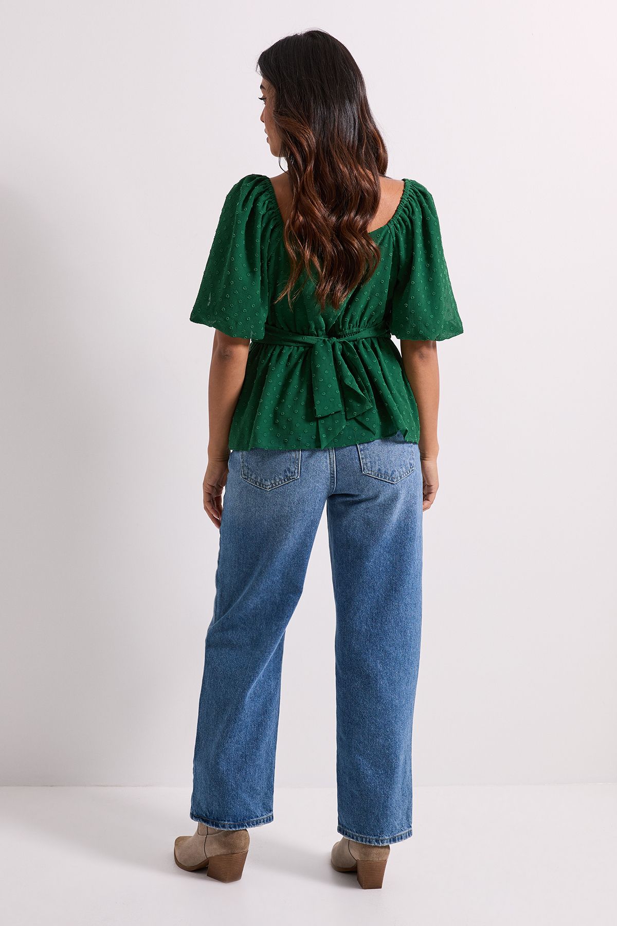 Dorothy Perkins Petite Sweetheart Tie Back Puff Sleeve Top Green image 3