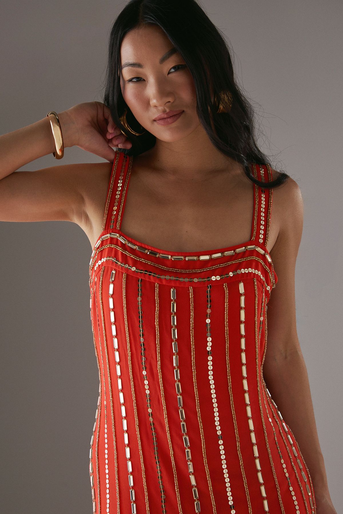 Warehouse Petite Hand Embellished Square Neck Strappy Midi Dress Burnt Orange image 4