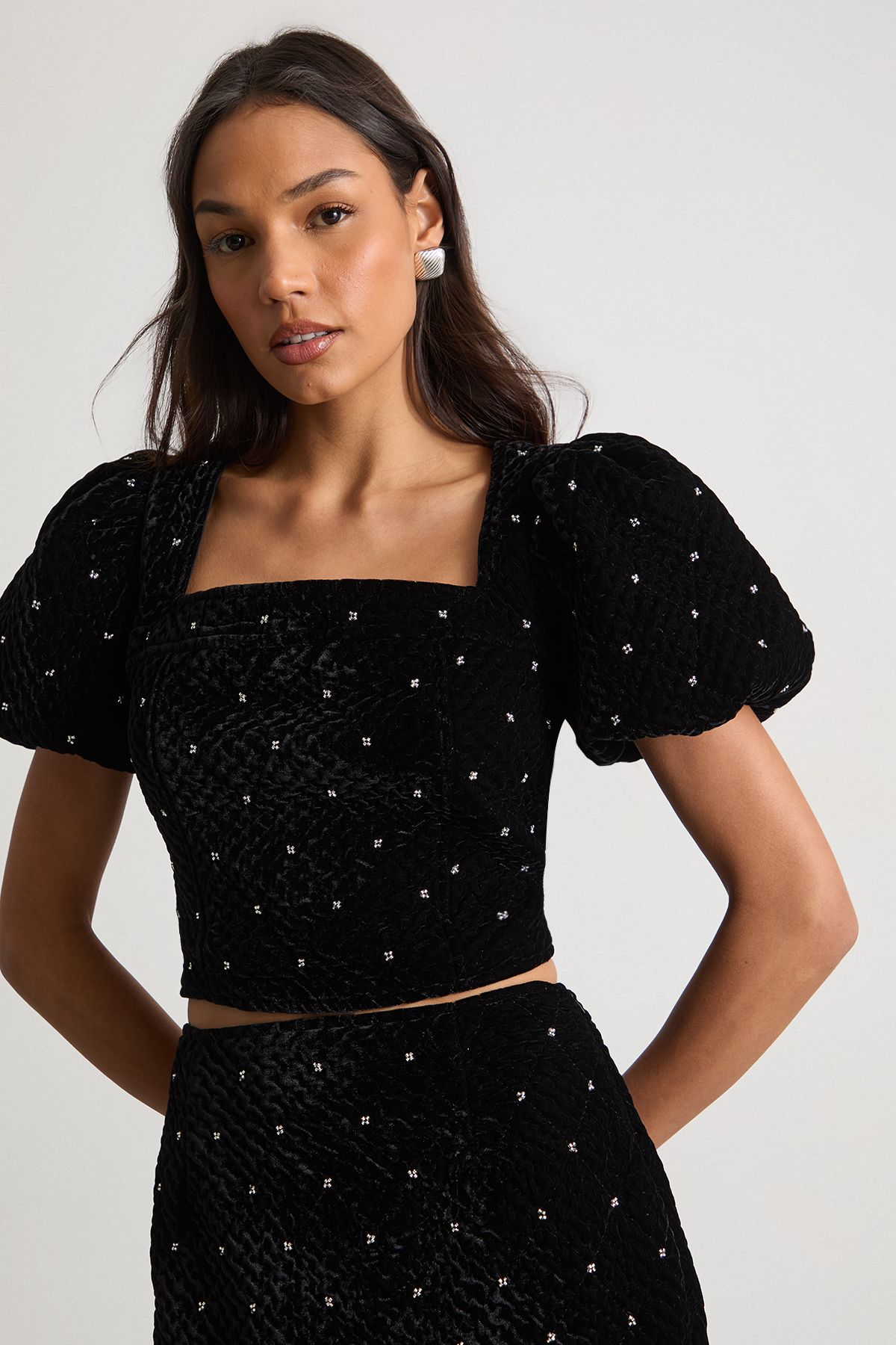 Warehouse Velvet Embellished Puff Sleeve Top Black image 1