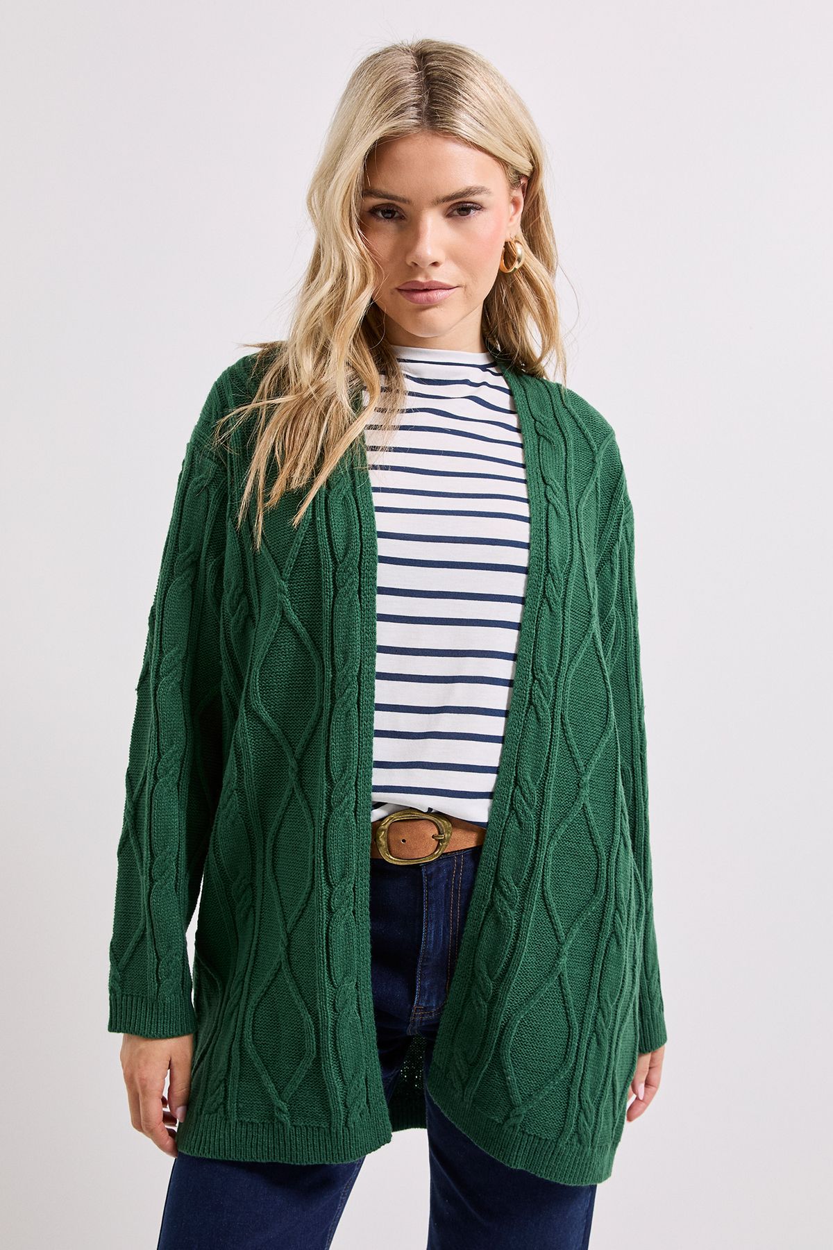 Dorothy Perkins Green Longline Cable Cardigan Bottle Green image 2