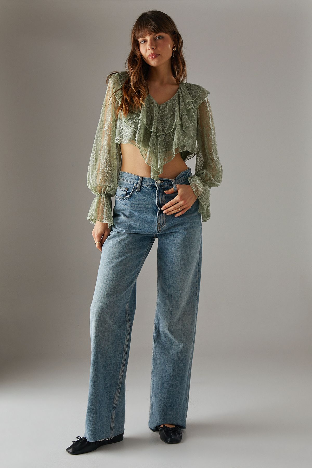 Warehouse Lace Double Ruffle Blouson Blouse Khaki image 2