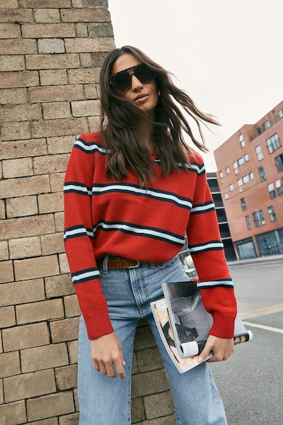 NastyGal Single Stripe Knitted Rugby Top Red