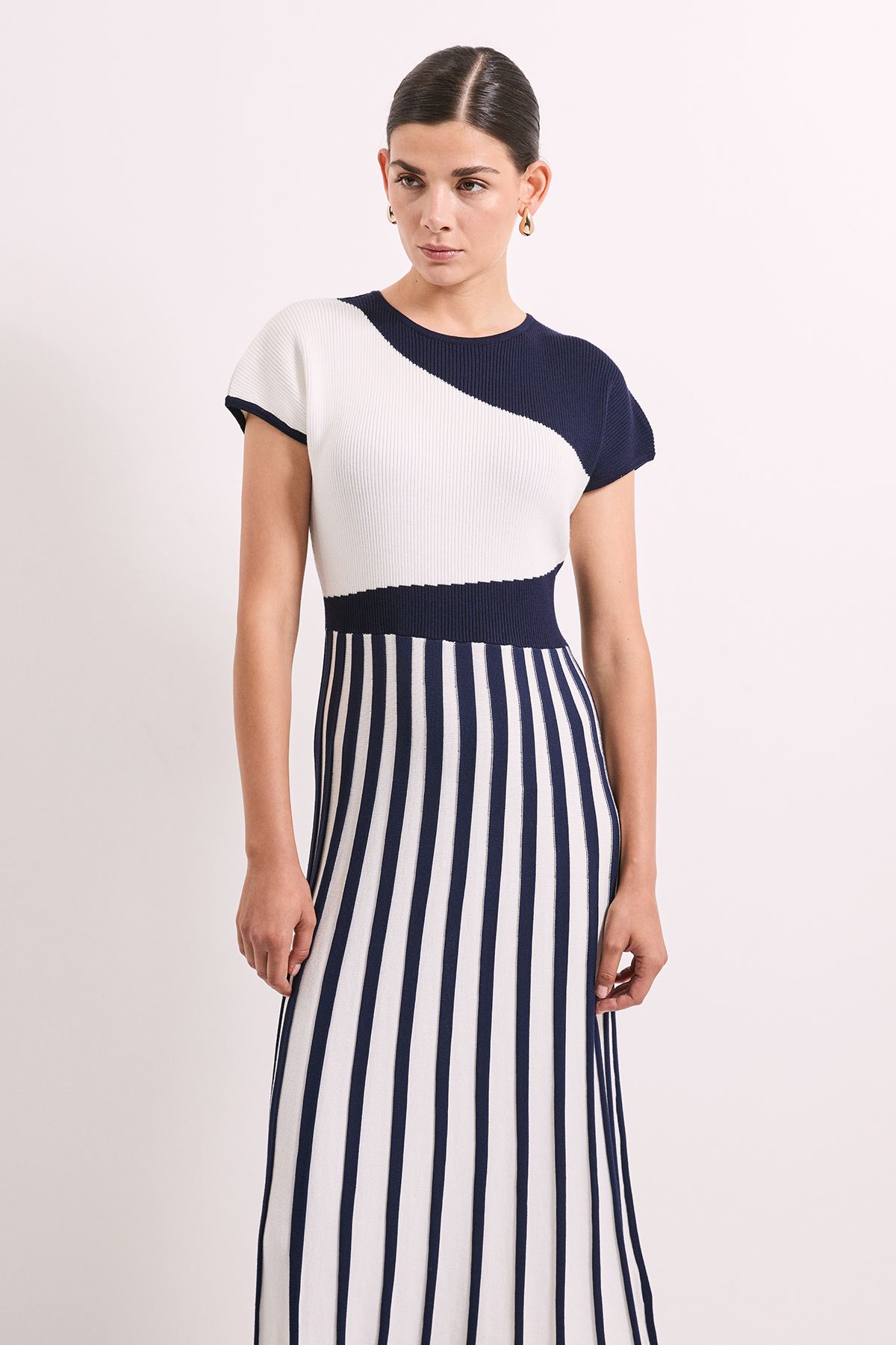 Principles Navy Colour Block Pleated Knitted Dress Navy image 2