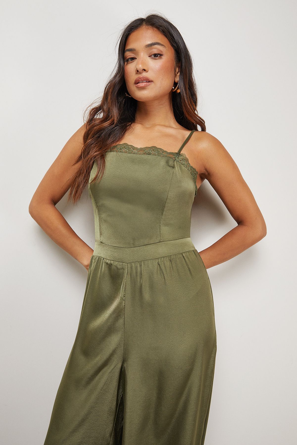 Warehouse Petite Satin Lace Trim Elasticated Cuff Strappy Jumpsuit Olive image 4