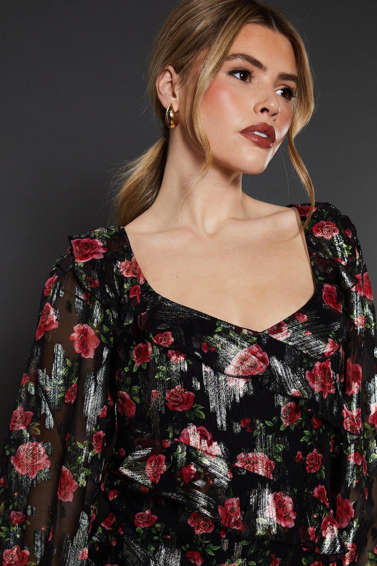 Dorothy Perkins Black Floral Ruffle Long Sleeve Chiffon Metallic Midi Dress Floral image 2