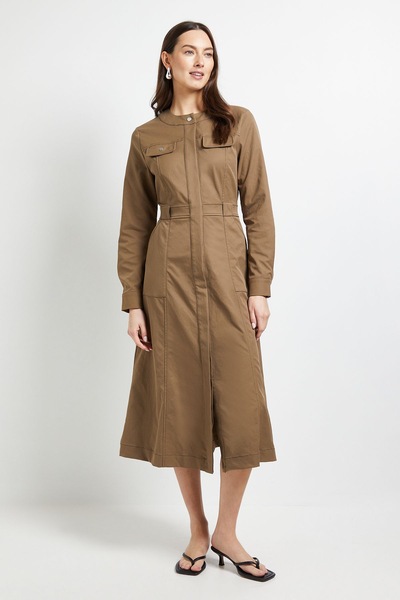 Principles Utility Pocket Collarless Shirt Dress Mocha