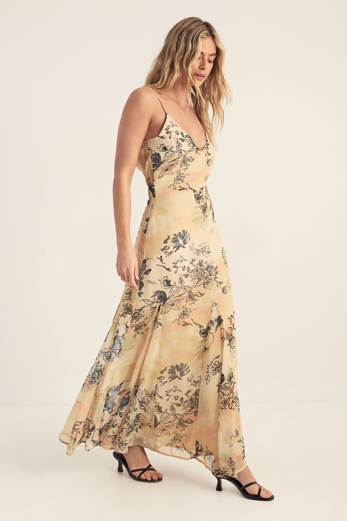 NastyGal Chiffon Painted Floral Godet Cowl Maxi Dress Lemon