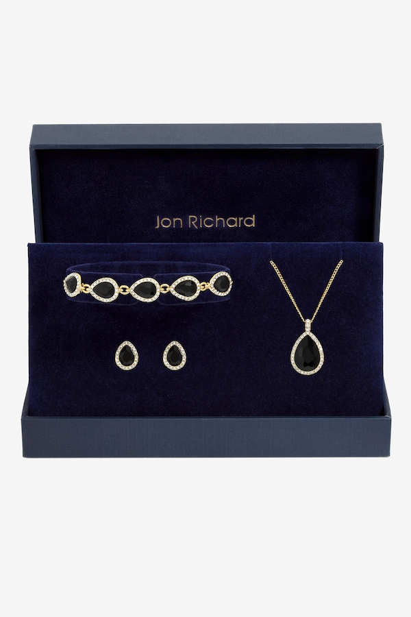 Jon Richard Gold Plated and Jet Pear Drop Trio Set - Gift Box