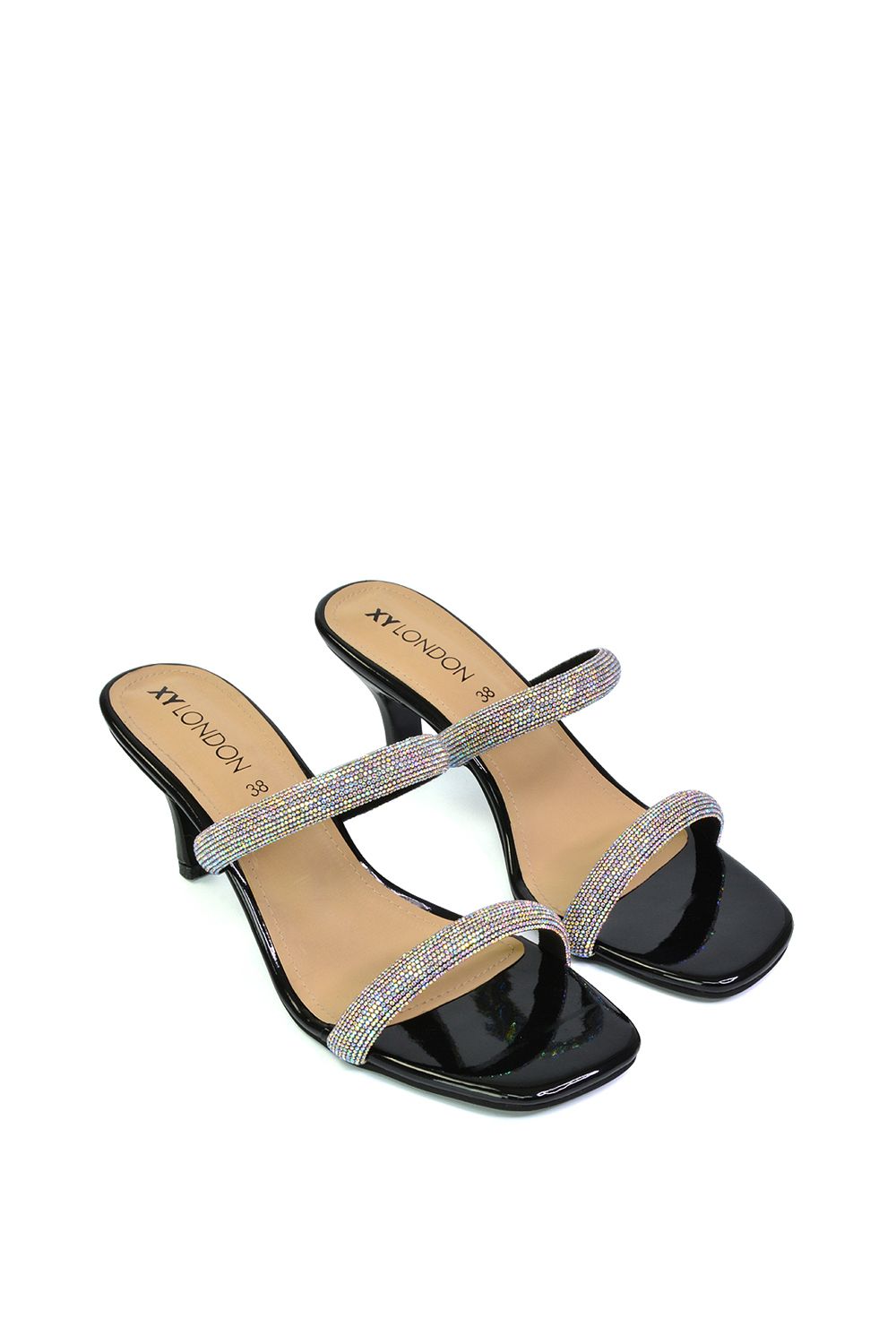 XY London 'Nancy' Square Toe Diamante Strappy Slip On Low Kitten Heel Mules image 5