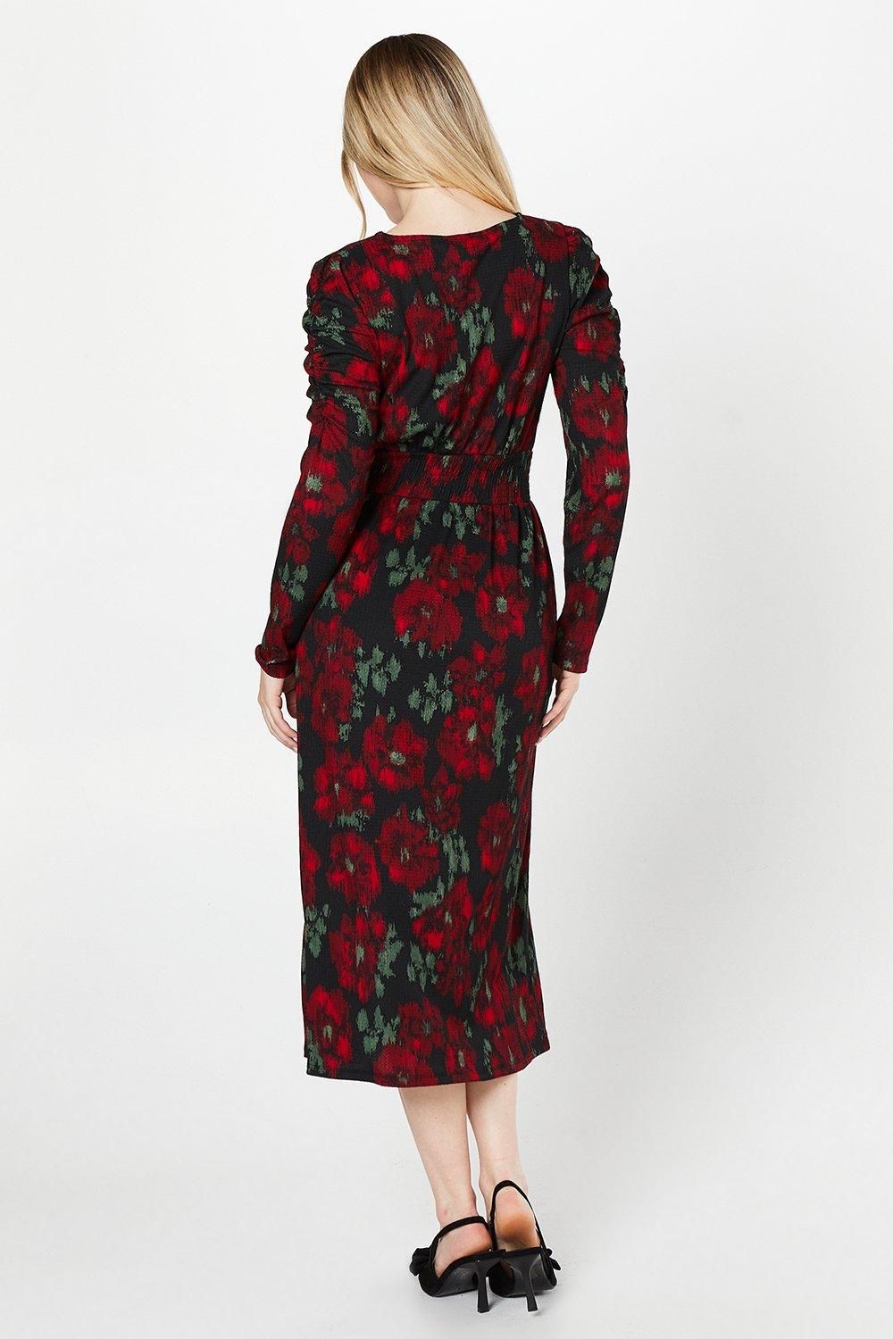 Dorothy Perkins Berry Floral Shirred Waist Long Sleeve Midi Dress Floral image 3