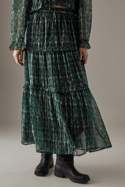 Warehouse Metallic Chiffon Tier Maxi Skirt Green
