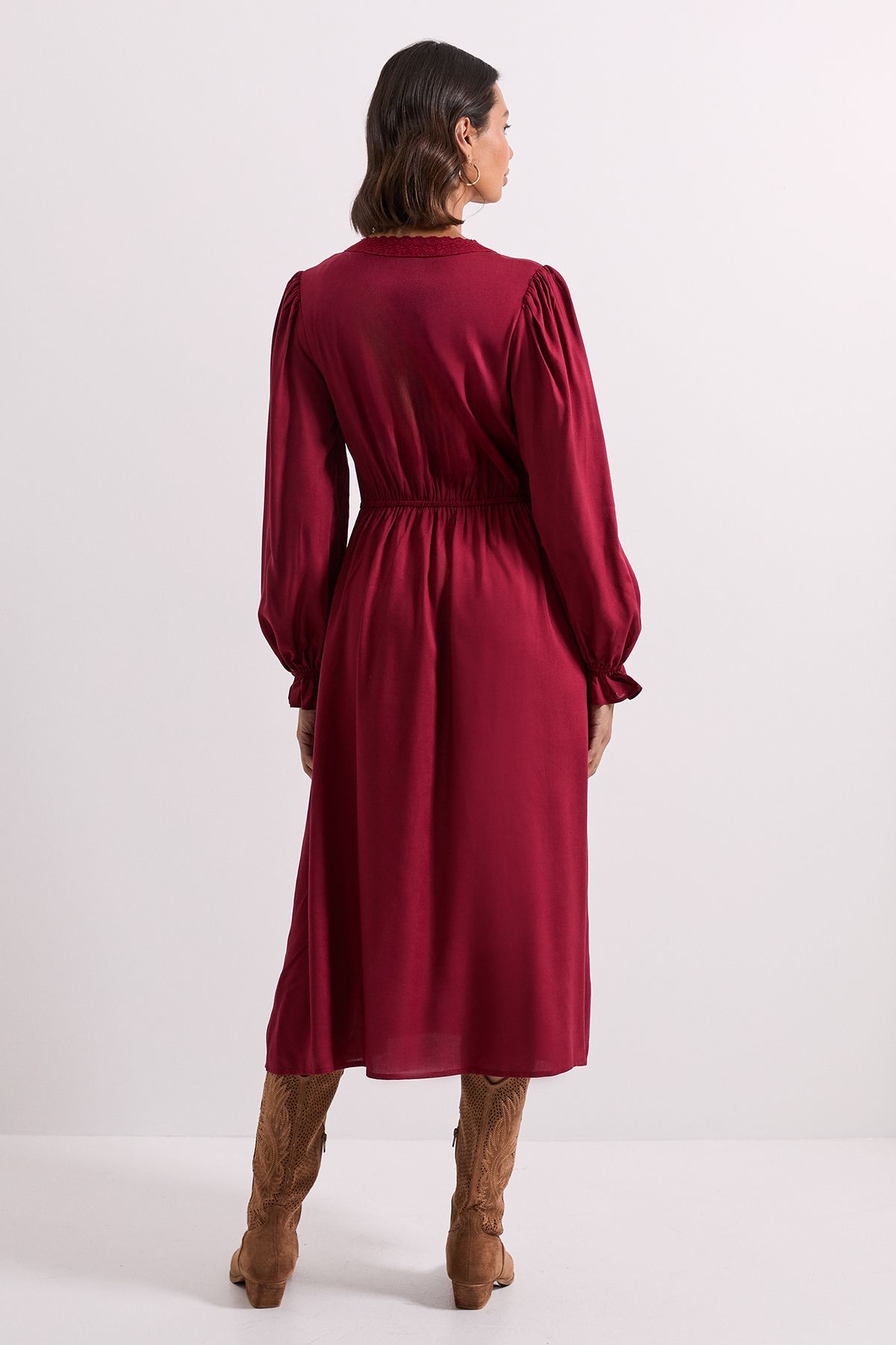Dorothy Perkins Lace Trim Blouson Sleeve Midi Dress Burgundy image 3
