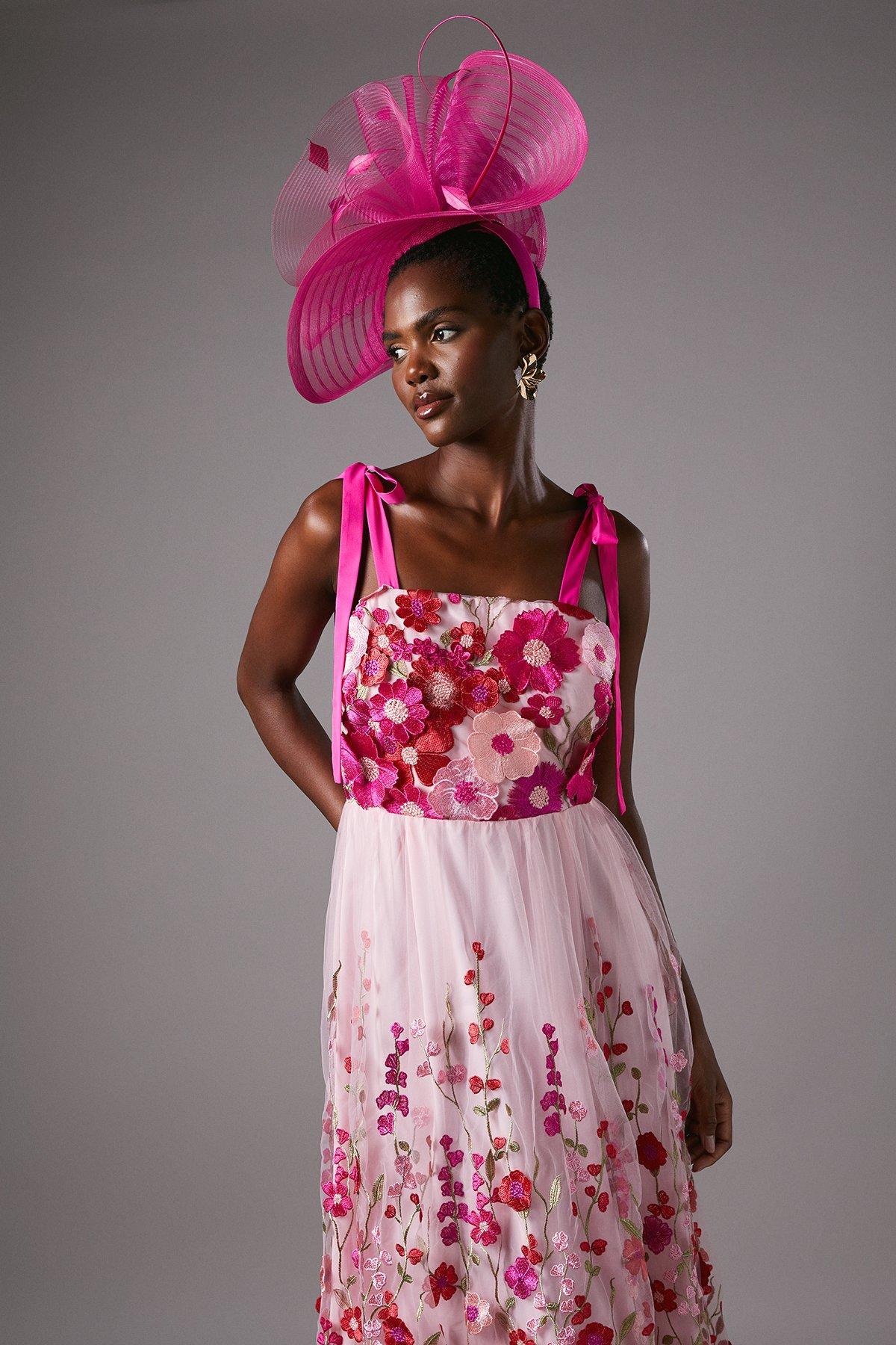 Coast Embroidered Floral Mesh Midi Wedding Guest Dress Pink image 2