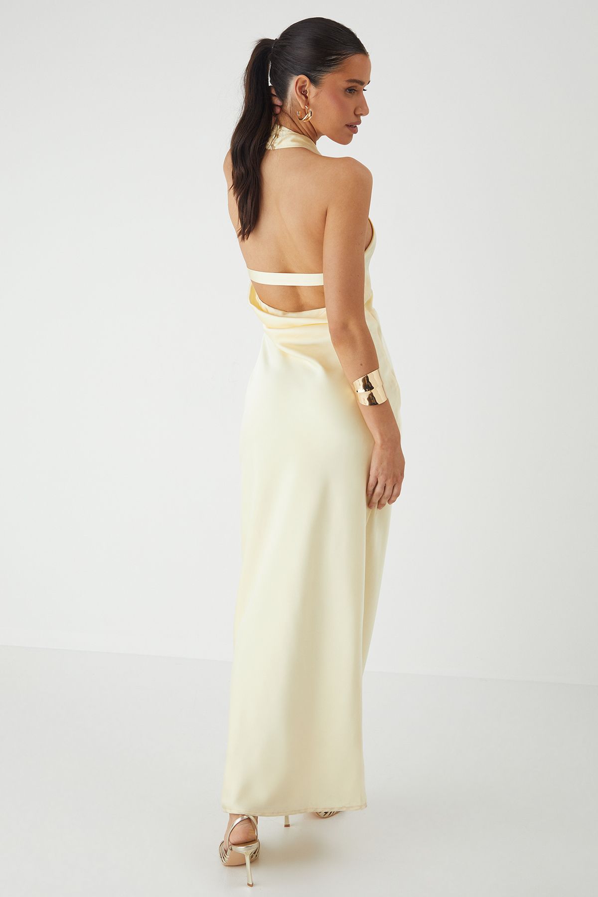 MissPap Premium Satin Halterneck Cowl Back Bridesmaid Dress Lemon image 3