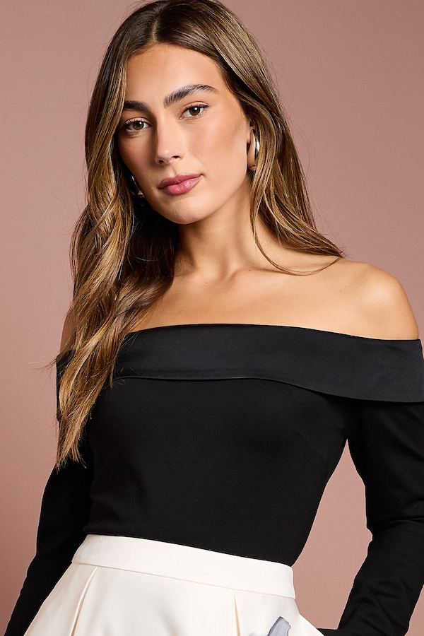 Coast Long Sleeve Satin Trim Bardot Top Black