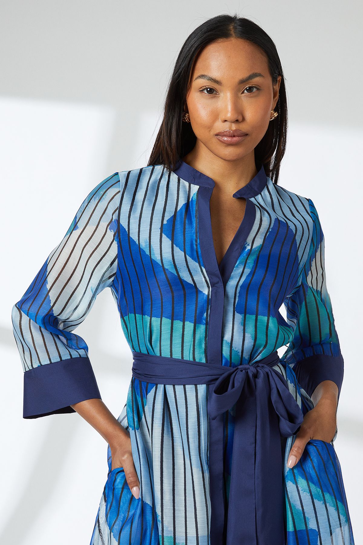 Principles Blue Belted Contrast Detail Collarless Shirt Dress Blue image 5