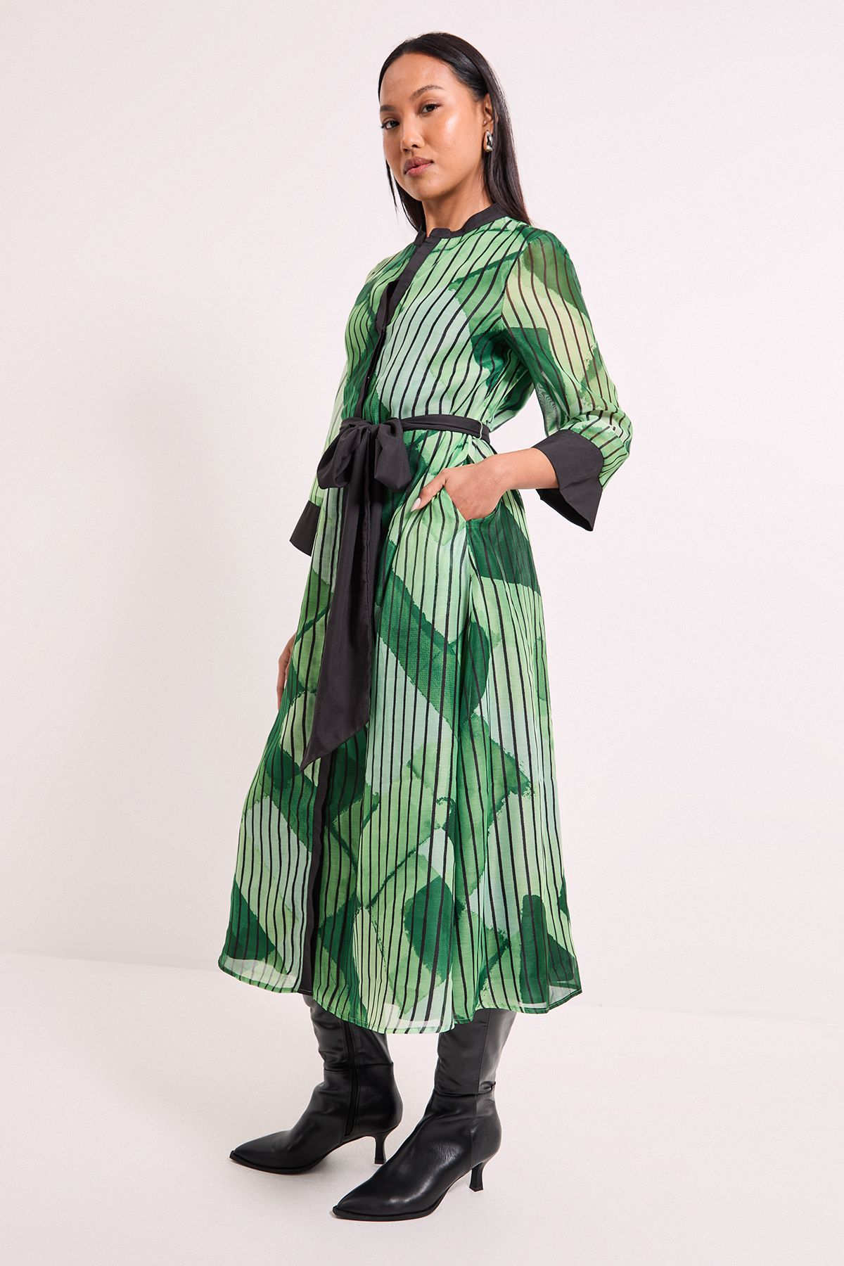 Principles Green Belted Contrast Detail Collarless Shirt Dress Green image 4