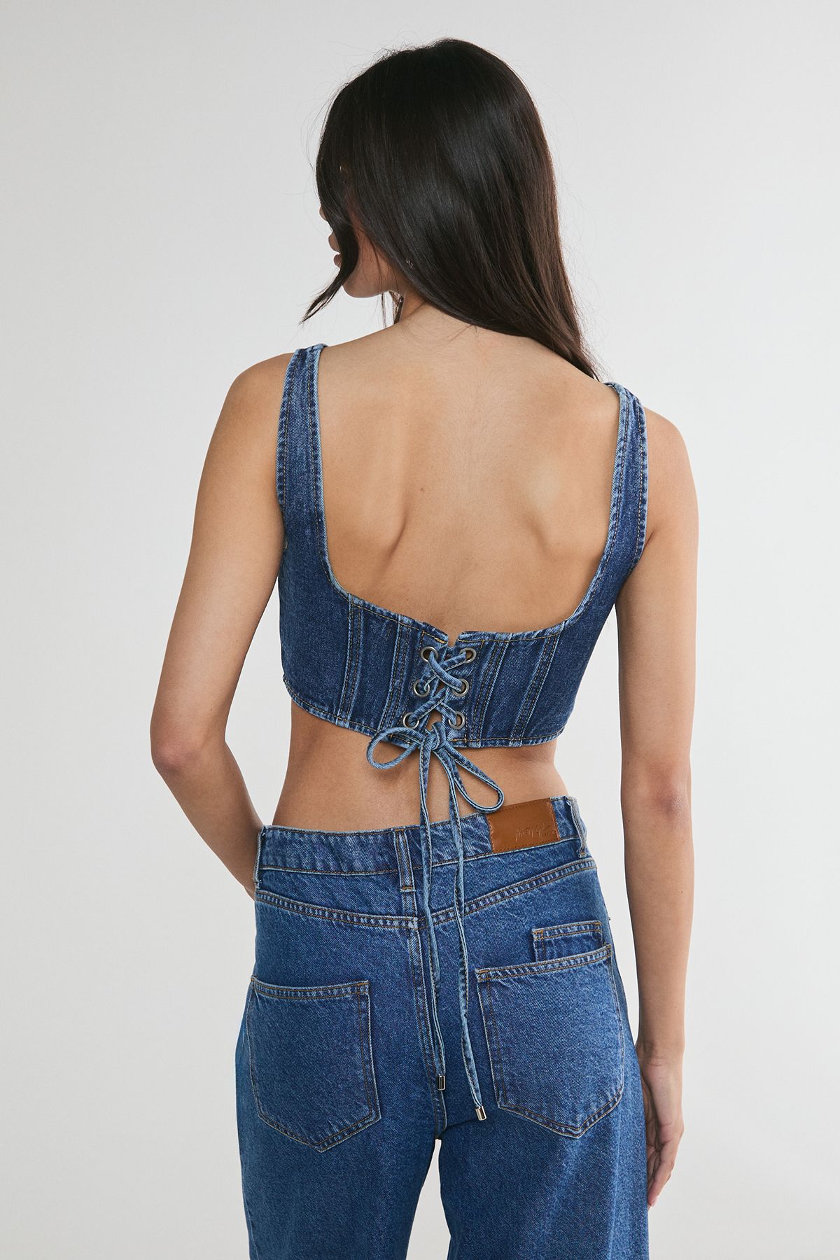 NastyGal Lace Back Detail Denim Corset Top Authentic Midwash image 4