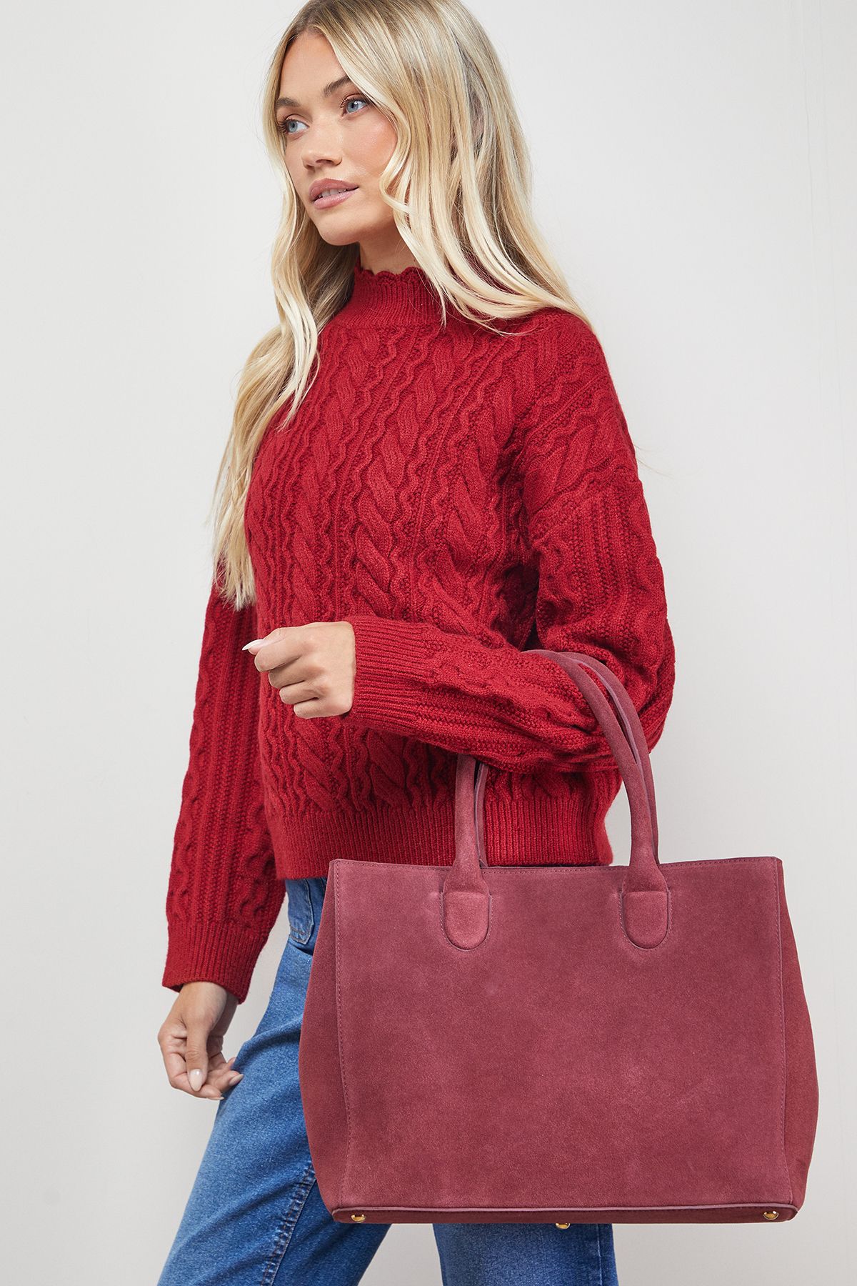 Oasis Claudia Suede Tote Bag With Pocket Dark Red