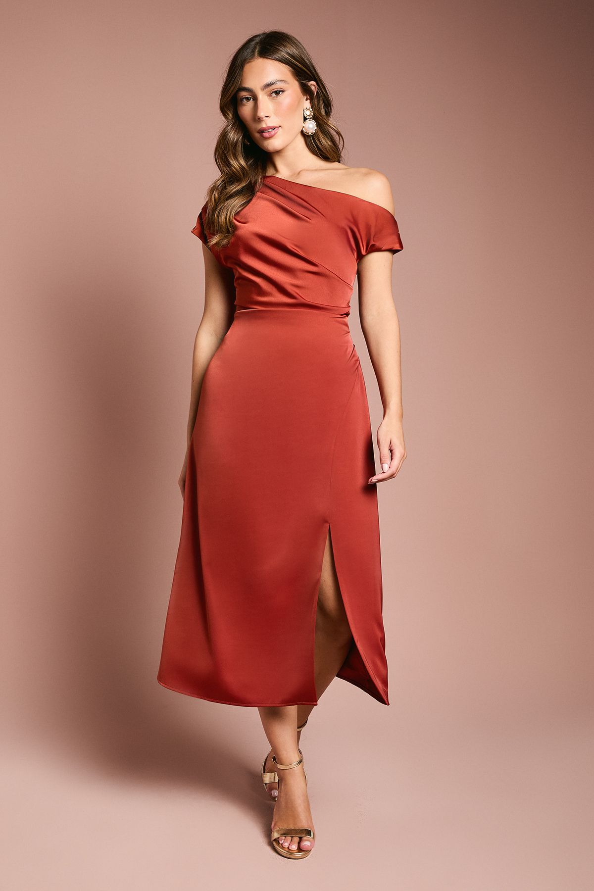 Coast Off Shoulder Satin Side Tie Midi Dress Bronze image 1