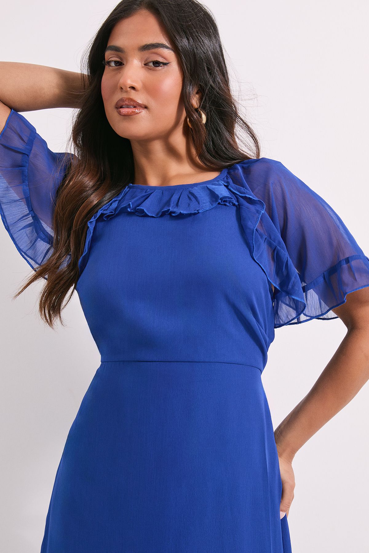 Dorothy Perkins Petite Blue Frill Cape Sleeve Tiered Printed Chiffon Midi Dress Blue image 4