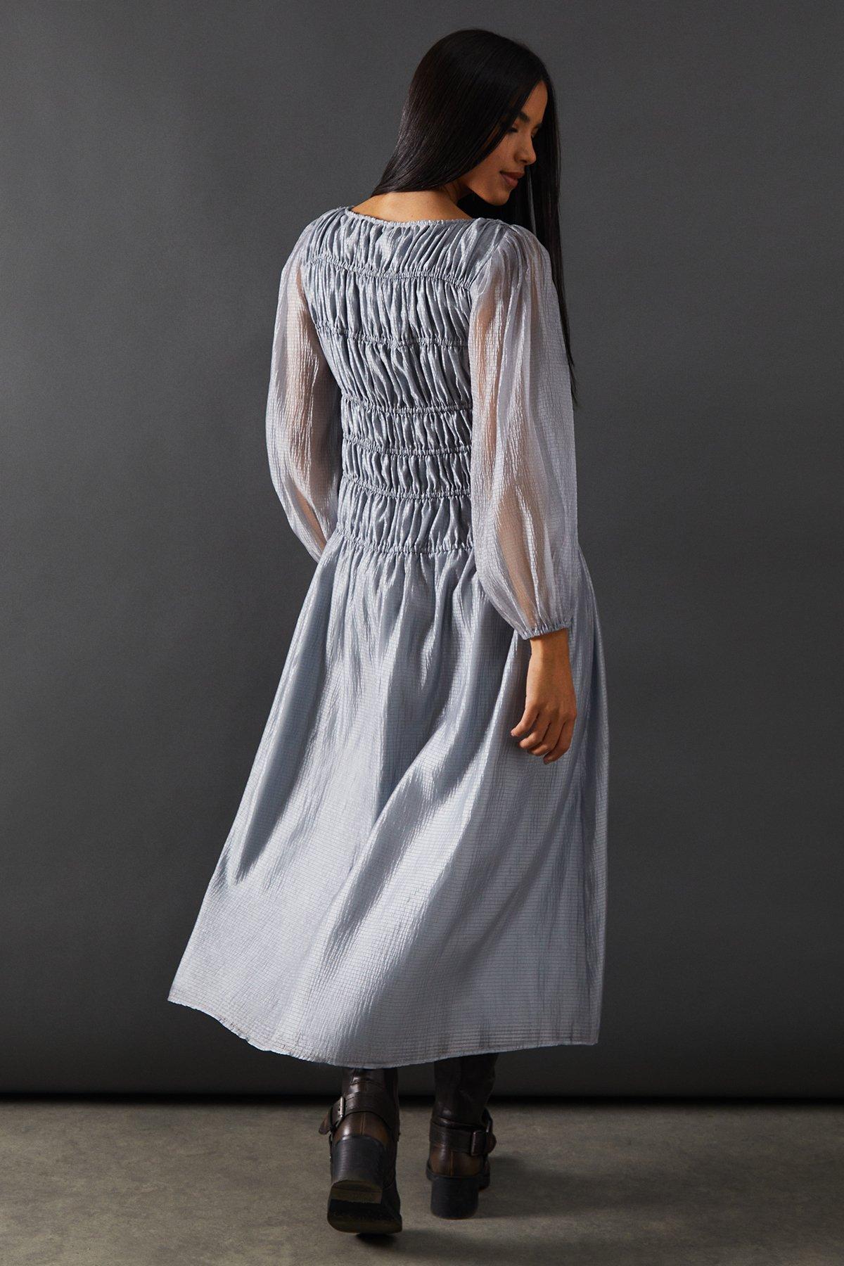 Warehouse Shirred Chiffon Panel Bodice Midi Dress Silver image 3