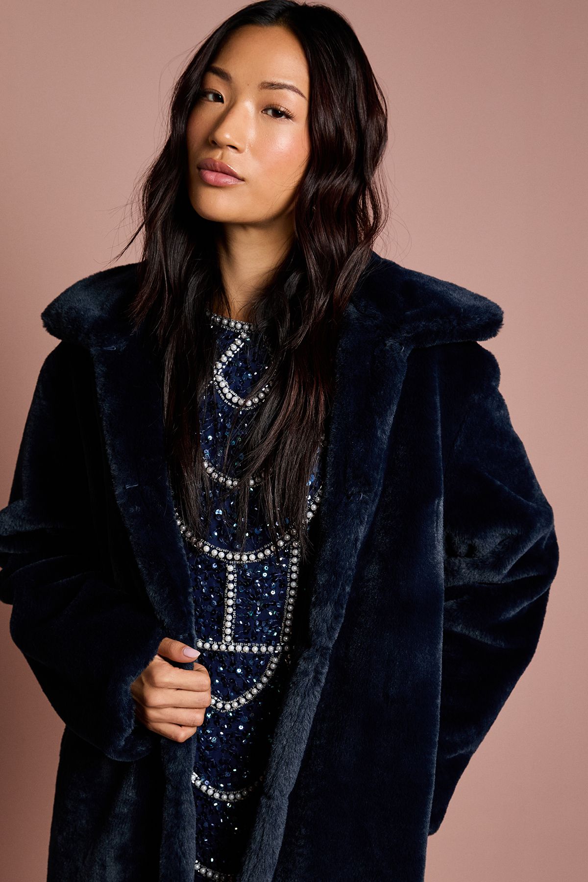 Coast Navy Faux Fur Longline Collared Coat Navy image 2