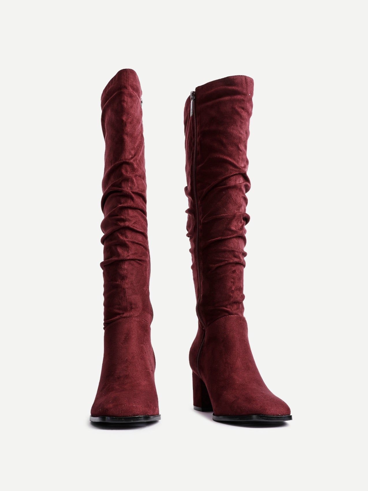 Linzi Margot Burgundy Faux Suede Knee High Block Heeled Ruched Boot image 3