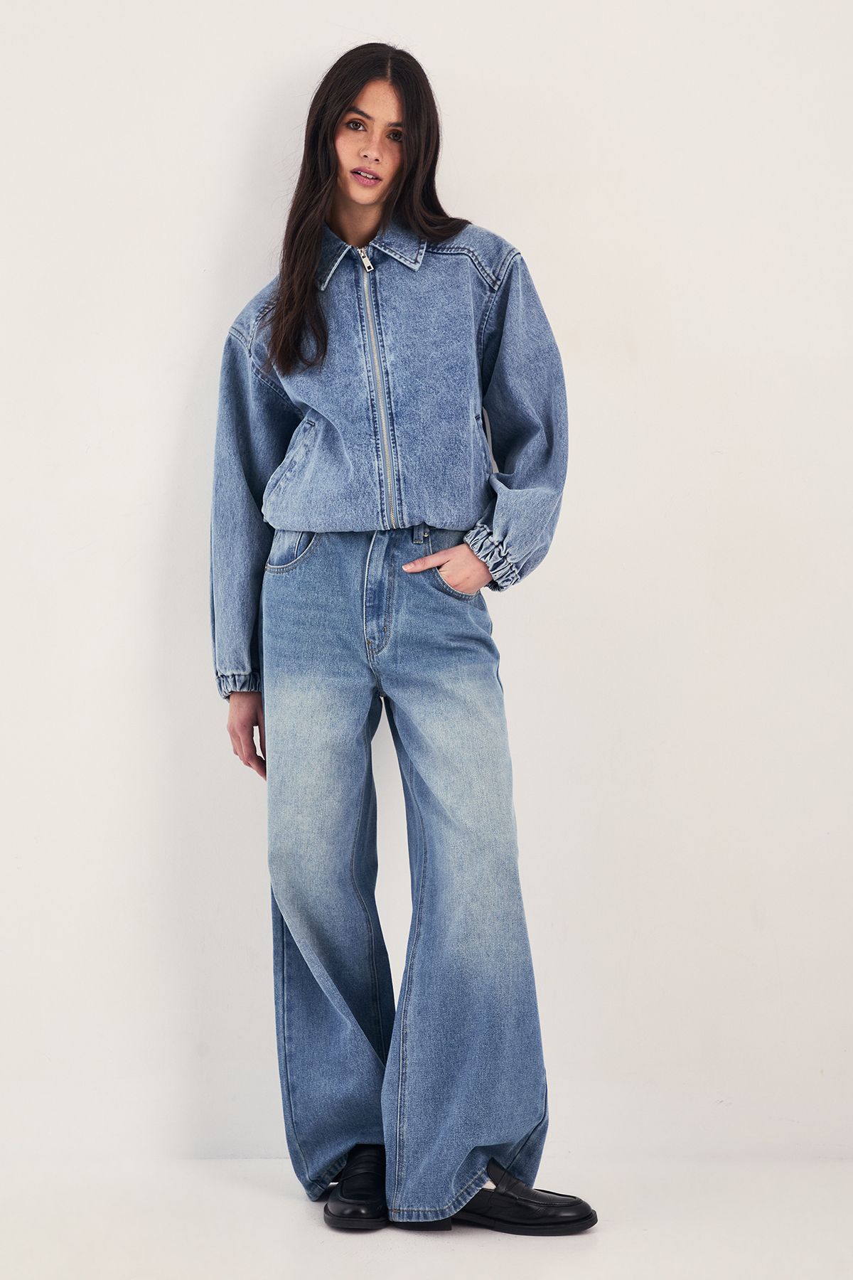 NastyGal Oversized Denim Bomber Jacket Authentic Midwash image 2