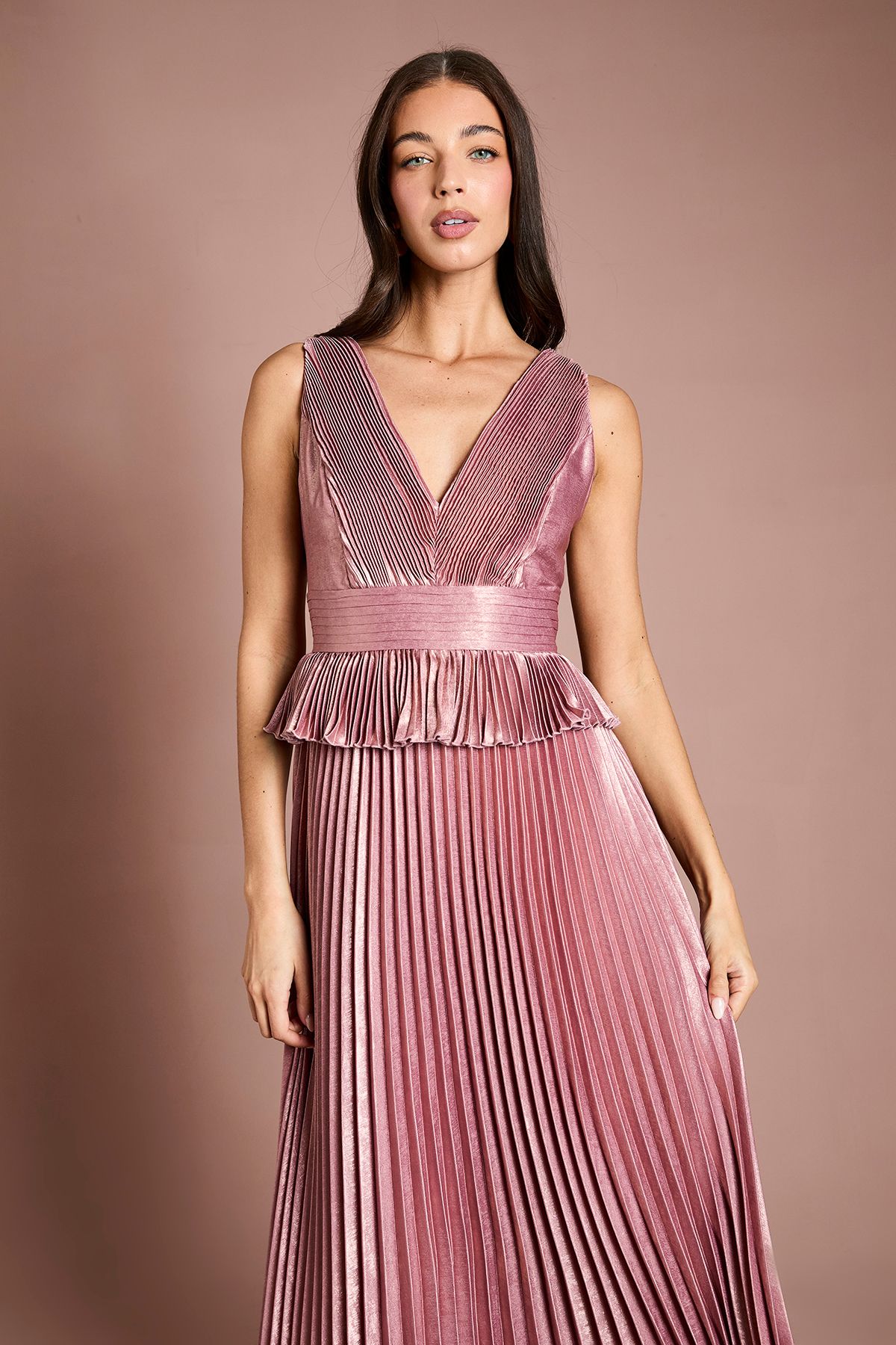 Coast Sleeveless Metallic Pleated Maxi Dress With Peplum Pink image 2