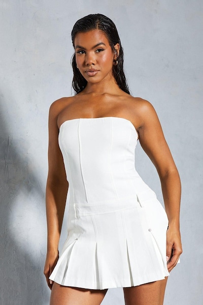 MissPap Pleated Hem Bandeau Mini Dress White