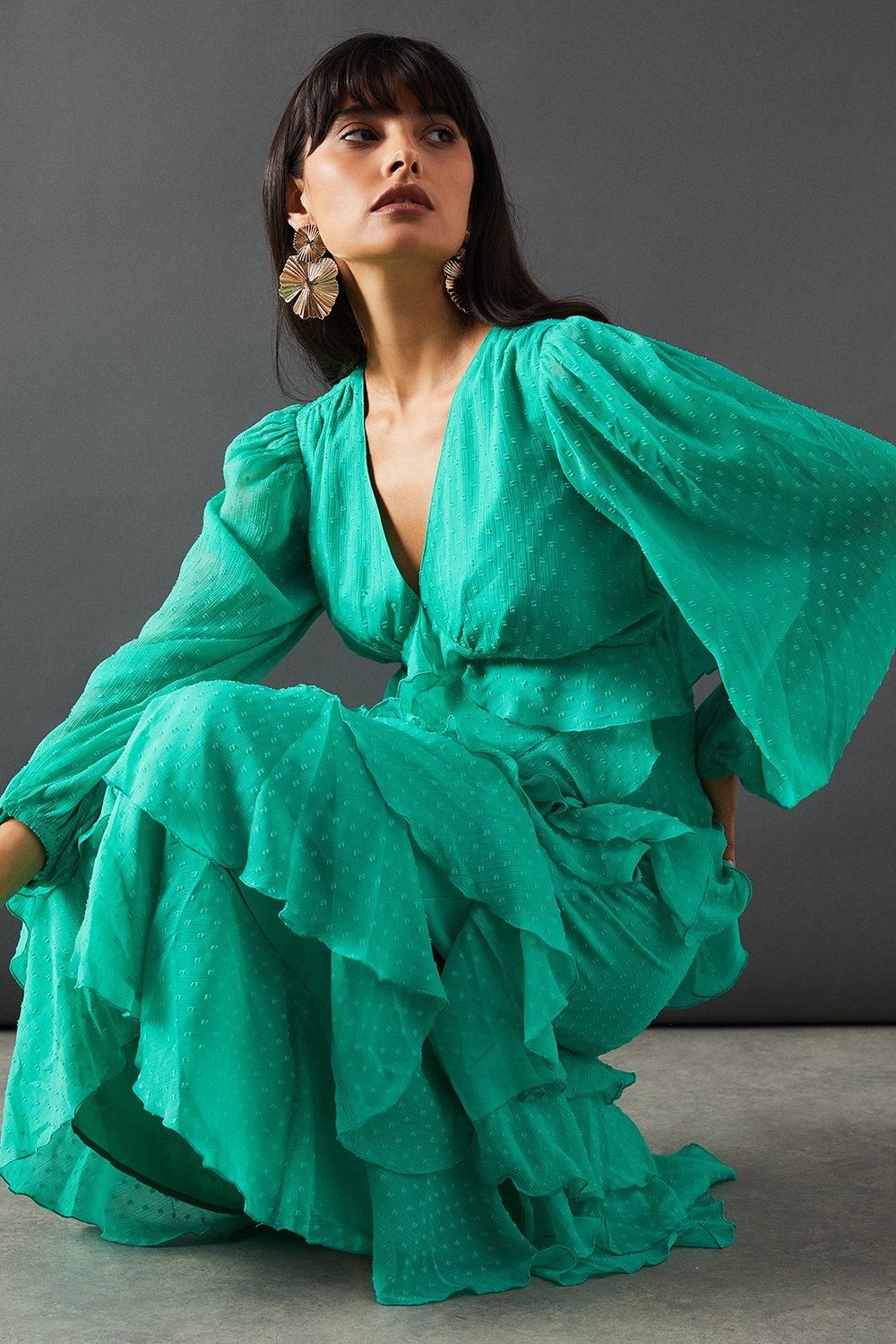 Warehouse Dobby Chiffon Ruffle Midi Dress Green image 2