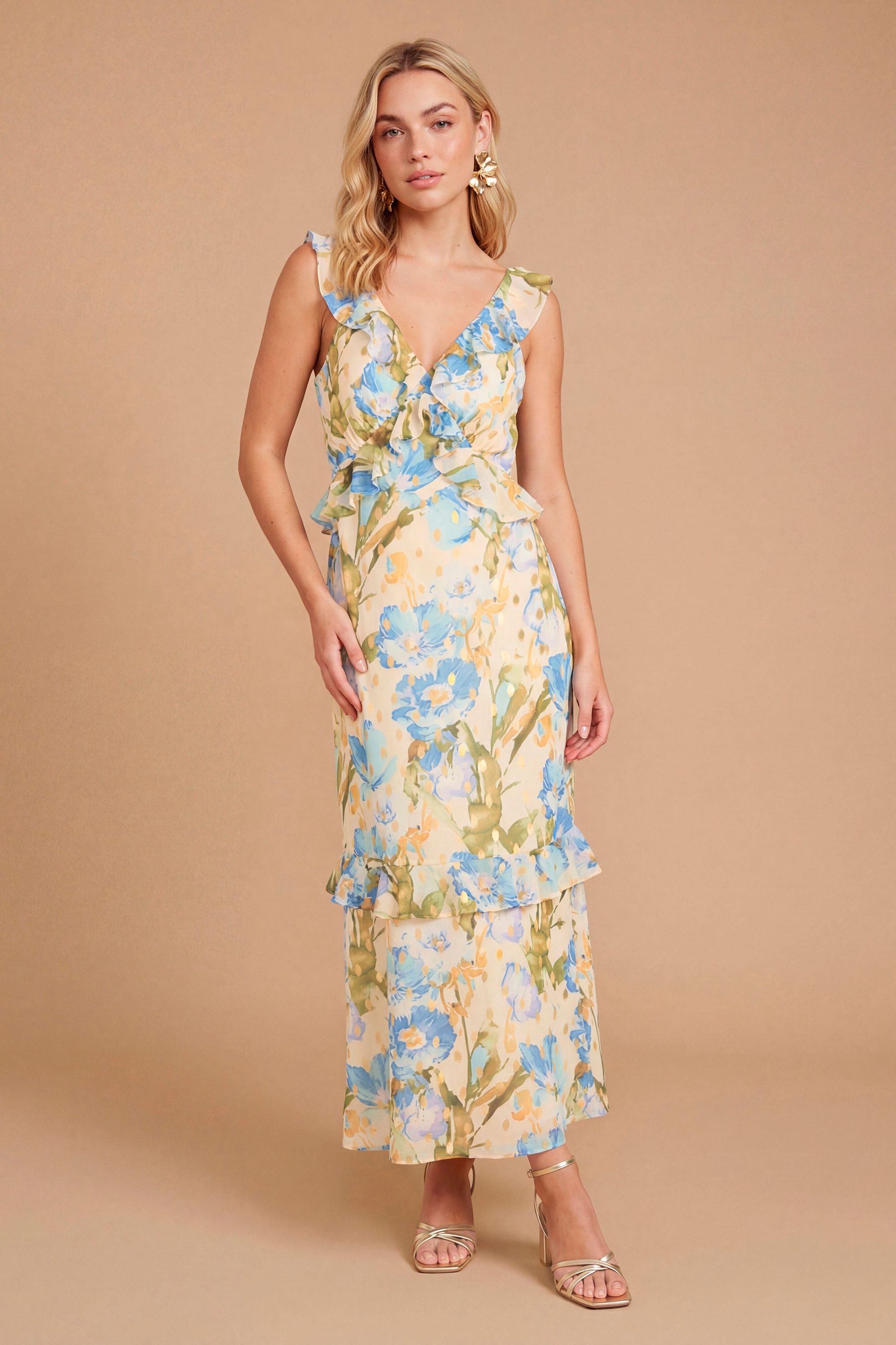 Dorothy Perkins DP Luxe Ruffle Flutter Frill Tiered Hem Midi Dress Blue