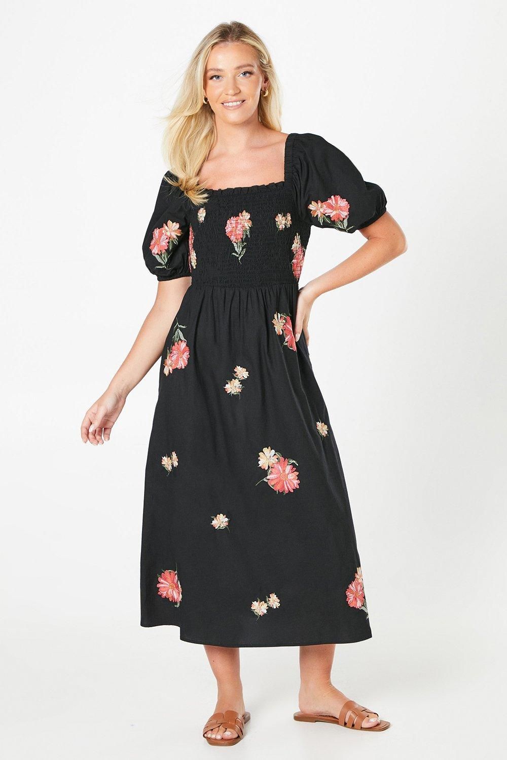 Dorothy Perkins Embroidered Poplin Shirred Bodice Midi Dress Mono image 1