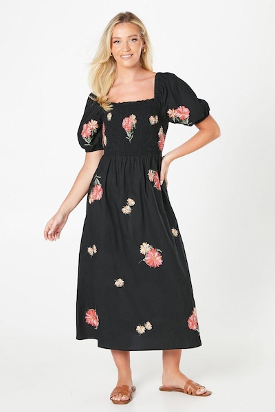 Dorothy Perkins Embroidered Poplin Shirred Bodice Midi Dress Mono