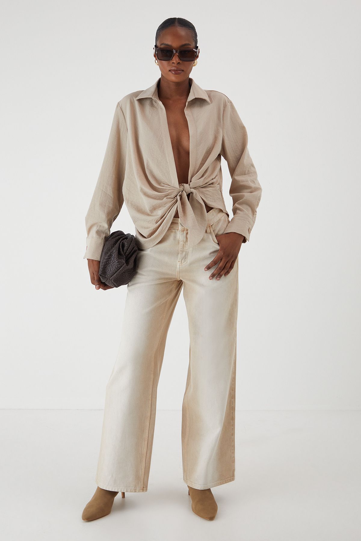 MissPap Linen Look Tie Side Oversized Shirt Stone image 2