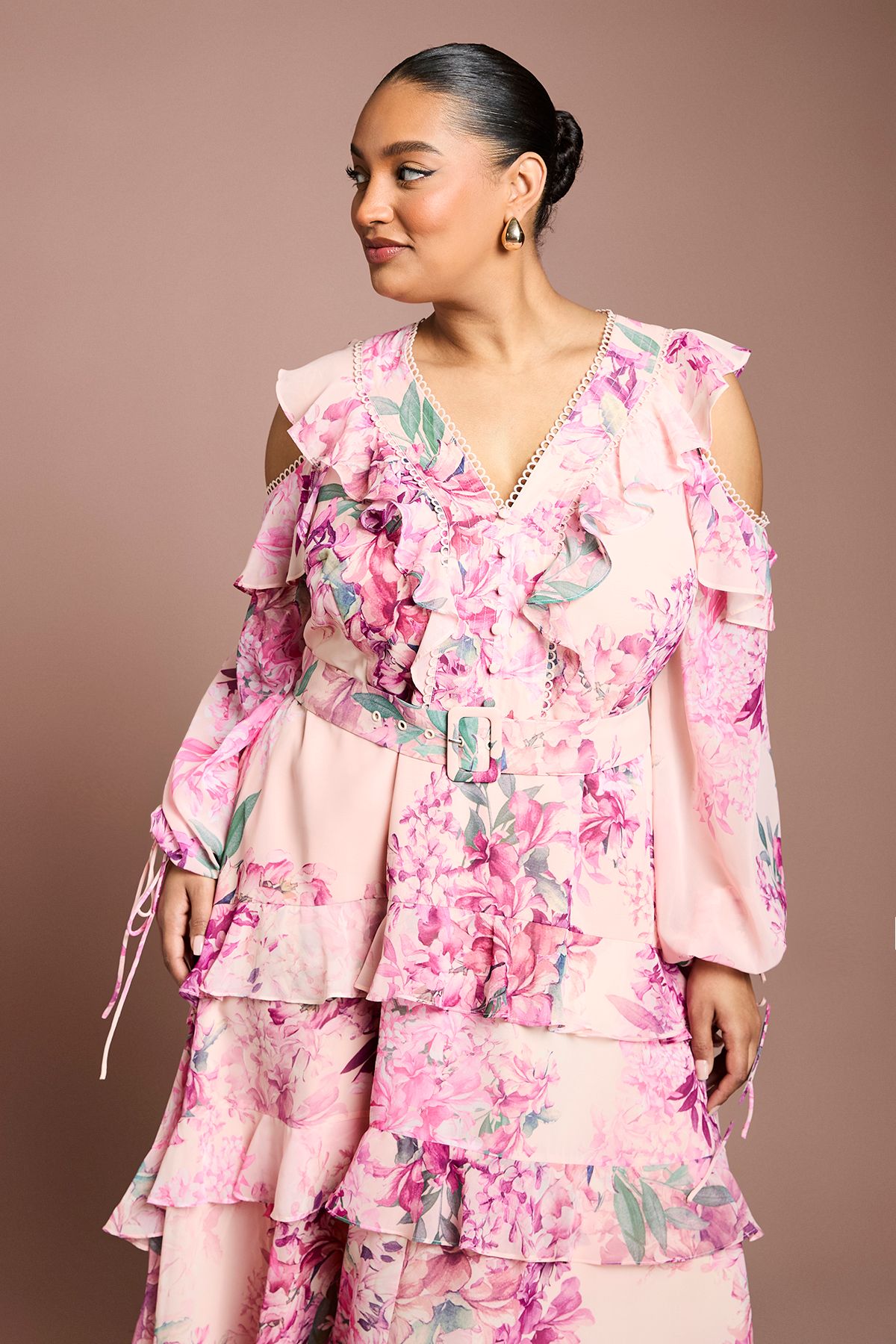 Coast Plus Cold Shoulder Printed Ruffle Midi Dress Pink image 4