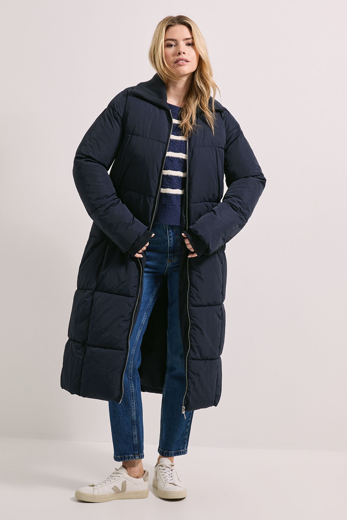Dorothy Perkins Padded Knitted Collar Coat Navy