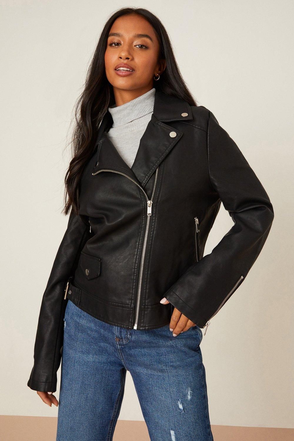 Dorothy Perkins Petite Faux Leather Biker Jacket Black image 2