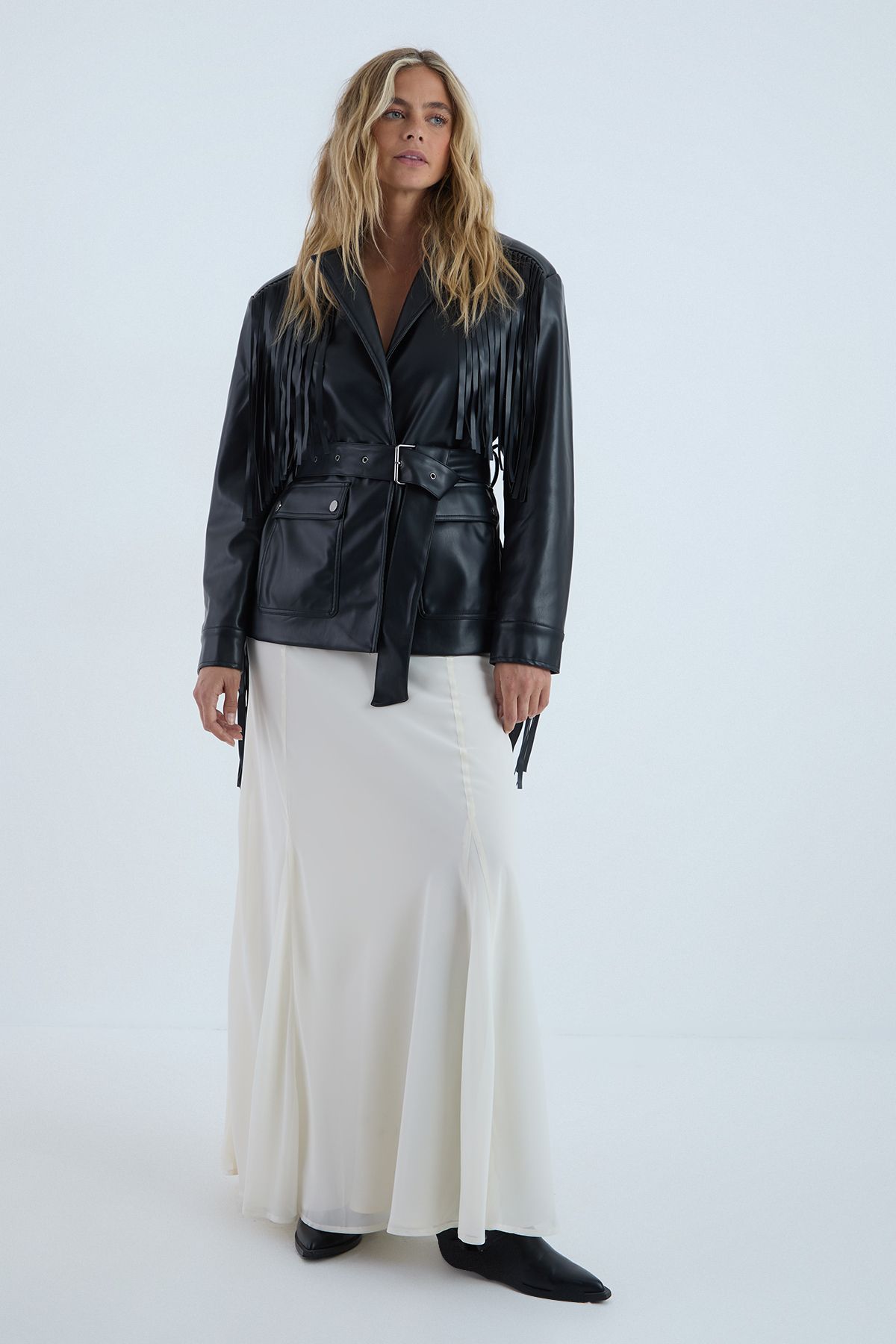 NastyGal Fringe Faux Leather Belted Jacket Black image 2