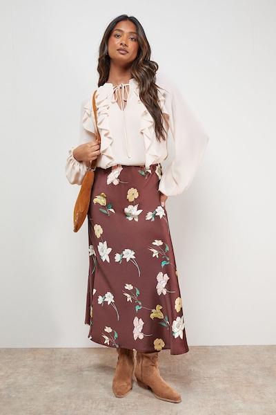 Oasis Printed Satin Bias Midi Skirt Multi