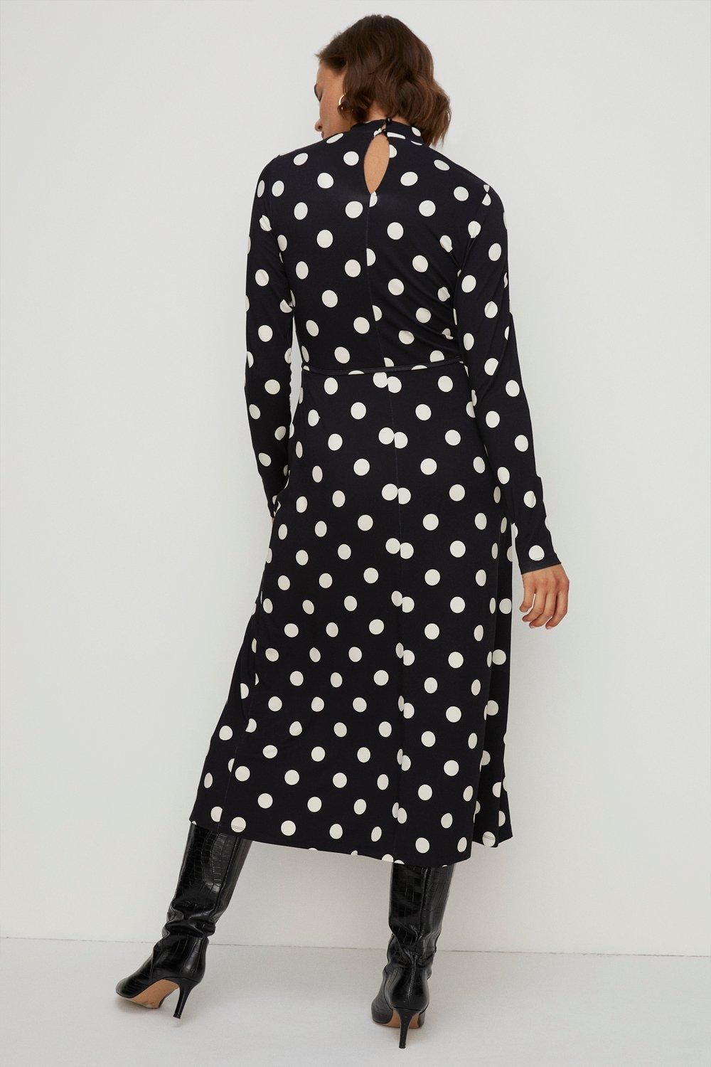 Oasis Jersey Spot Funnel Neck Belted Midi Dress Black image 3