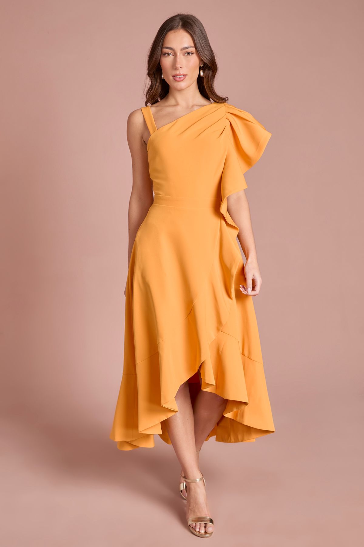 Coast One Shoulder Crepe Ruffle Midi Dress Orange